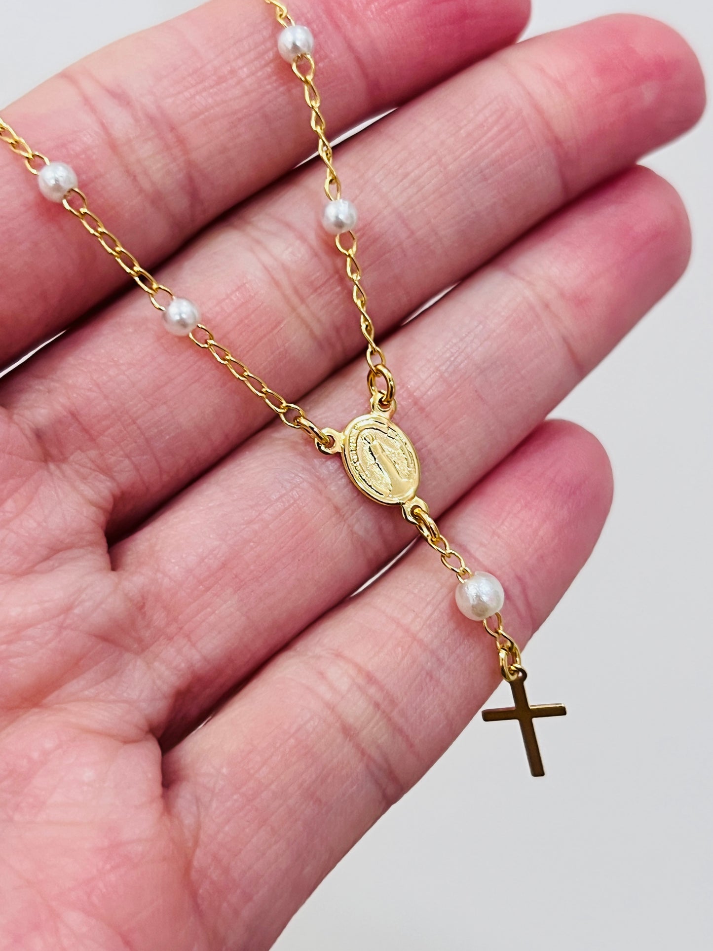 Gold Filled Virgin Mary Pearl Rosary Bracelet | Dainty Catholic Jewelry
