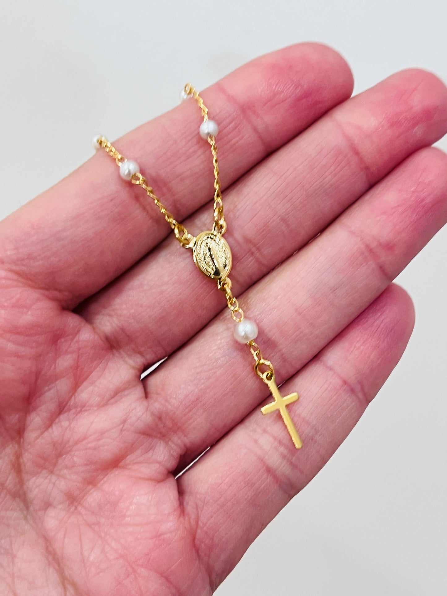 Gold Filled Virgin Mary Pearl Rosary Bracelet | Dainty Catholic Jewelry