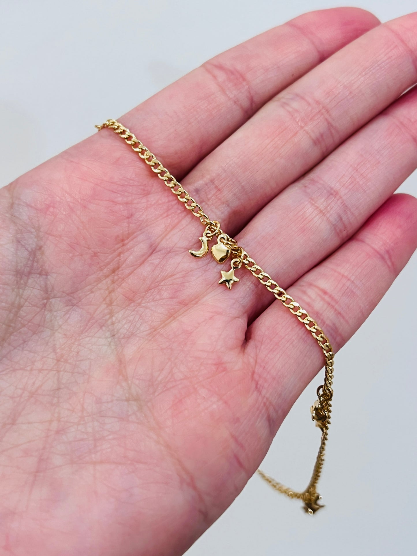 Gold Filled Multi Charm Anklet – Moon, Heart & Star | 10" Dainty 18K Gold Anklet
