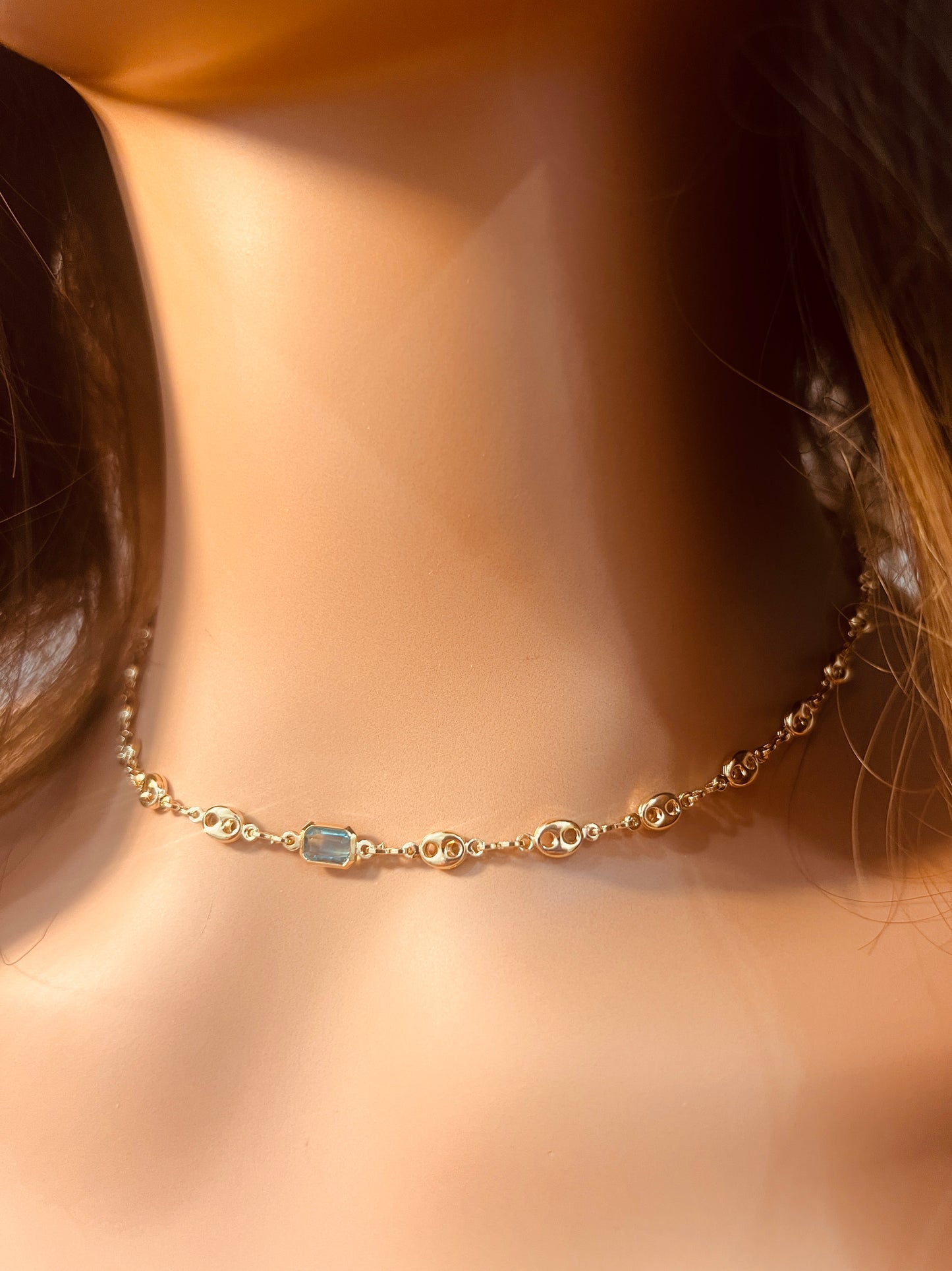 Gold Filled Puff Necklace | Light Blue Gemstone Accent