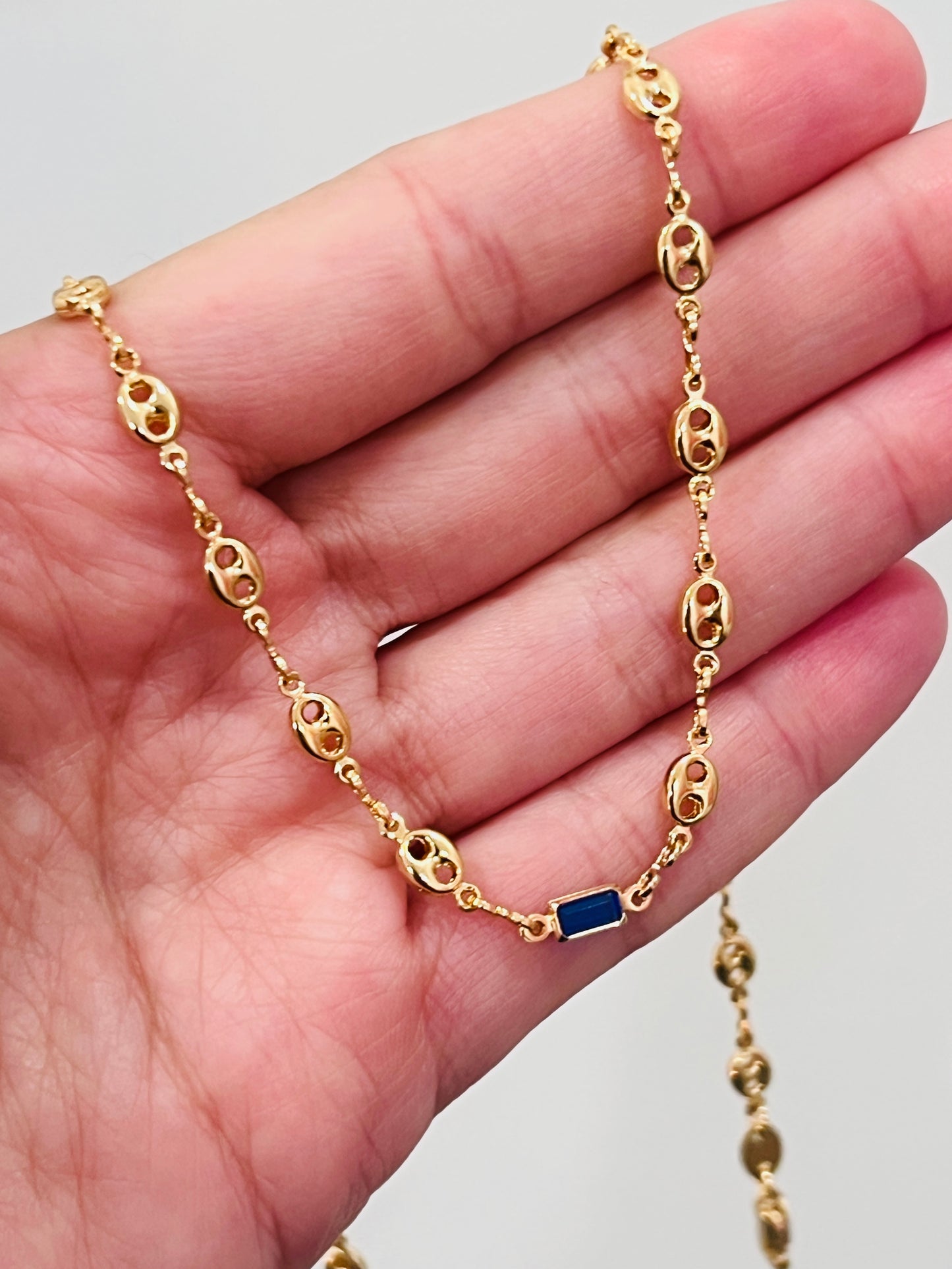 Gold Filled Puff Necklace | Blue Gem Accent | 16"+2"