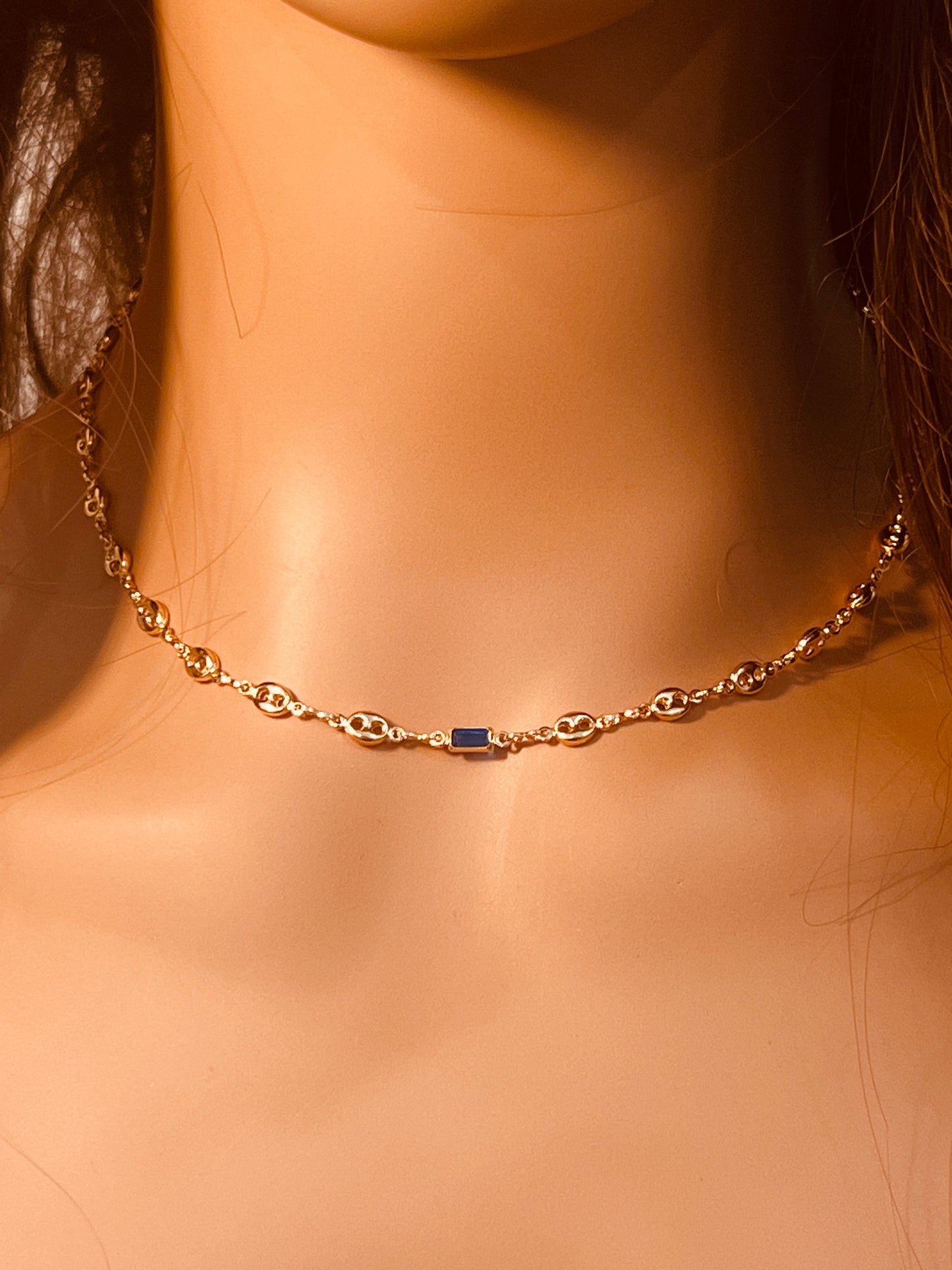 Gold Filled Puff Necklace | Blue Gem Accent | 16"+2"