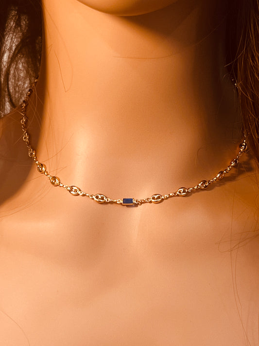 Gold Filled Puff Necklace | Blue Gem Accent | 16"+2"