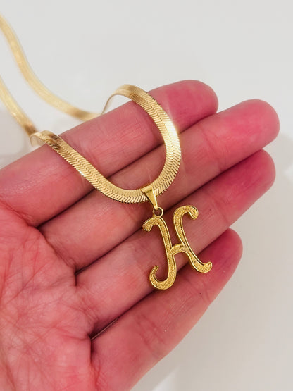 18KT Gold Filled Necklaces, Gold Filled Script Initial Herringbone Necklace | 4mm Personalized 18K Layering Chain by HAUS...