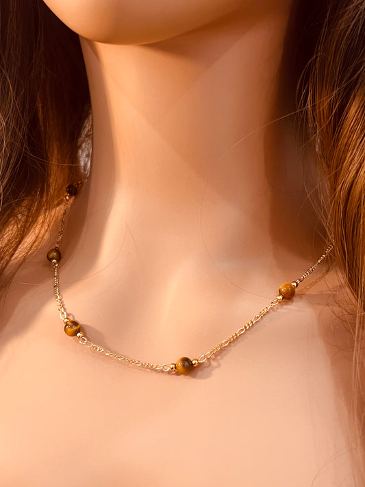 Gold Filled Tiger Eye Figaro Necklace | 6mm Natural Stone Beads
