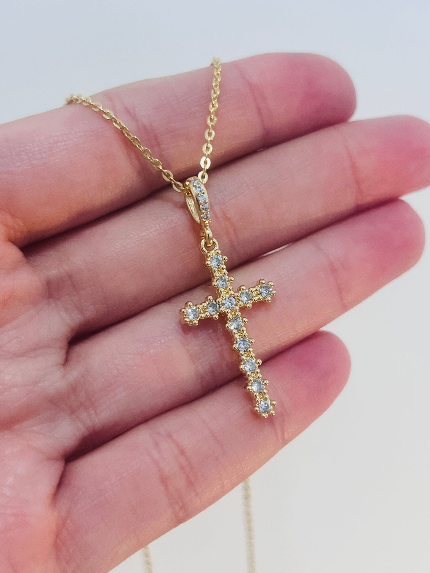 Gold Filled CZ Cross Cross Charm Necklace | Pendant Size 14mm x 27mm + Bail | 16" or 18" Length