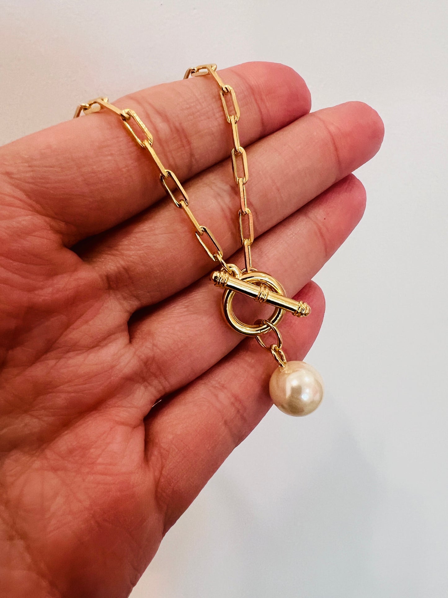 Gold Filled Paperclip Necklace | Pearl & Toggle Accent