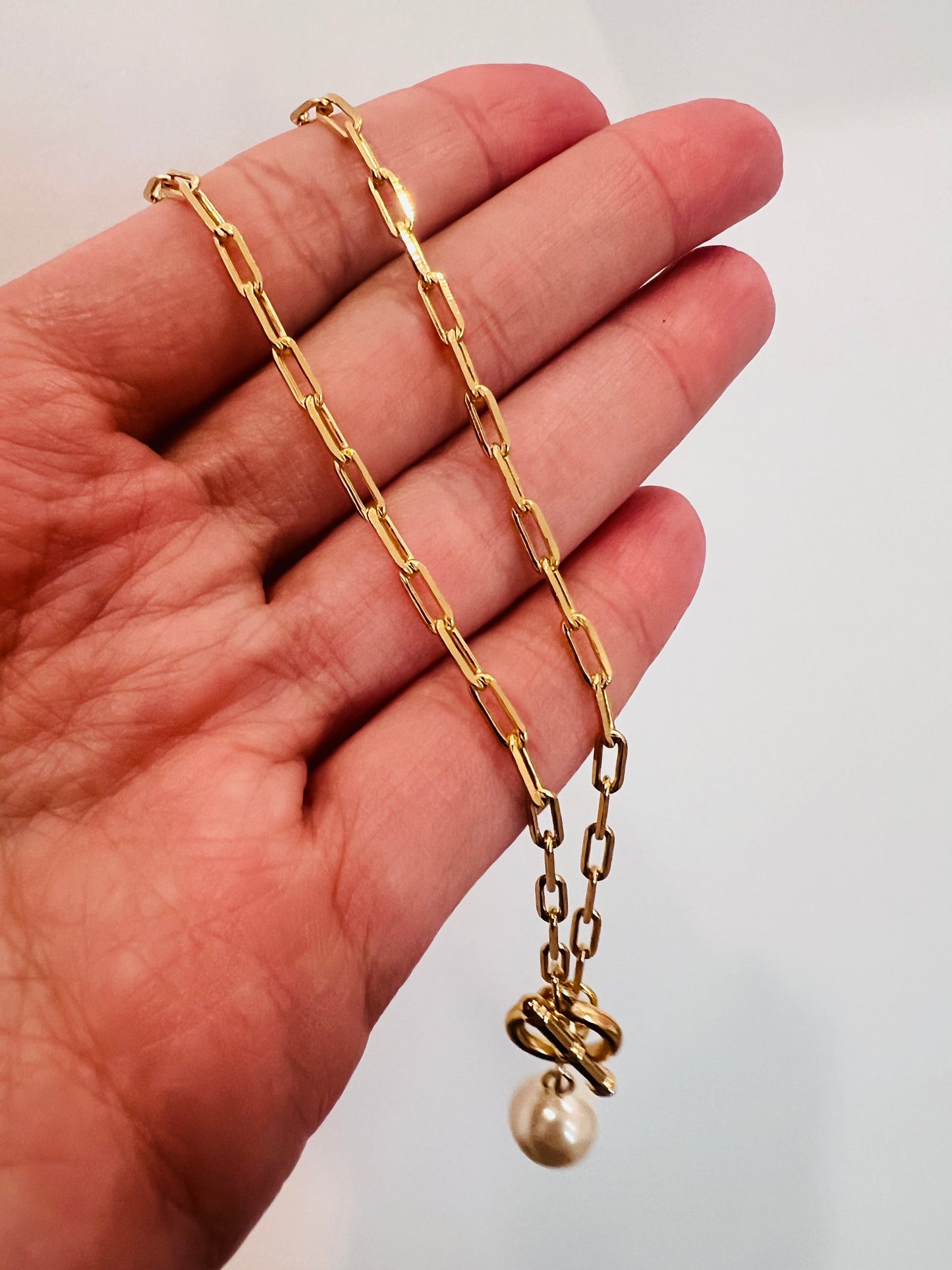 Gold Filled Paperclip Necklace | Pearl & Toggle Accent
