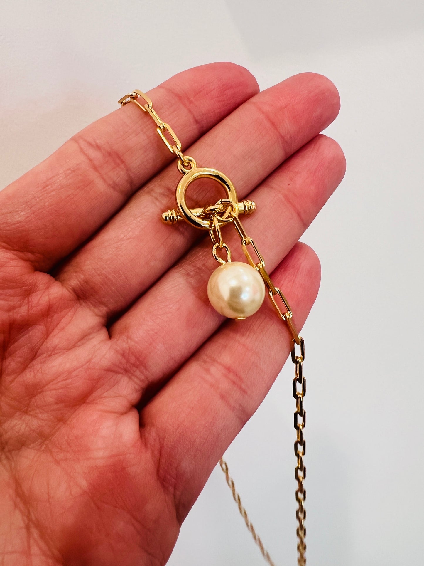 Gold Filled Paperclip Necklace | Pearl & Toggle Accent