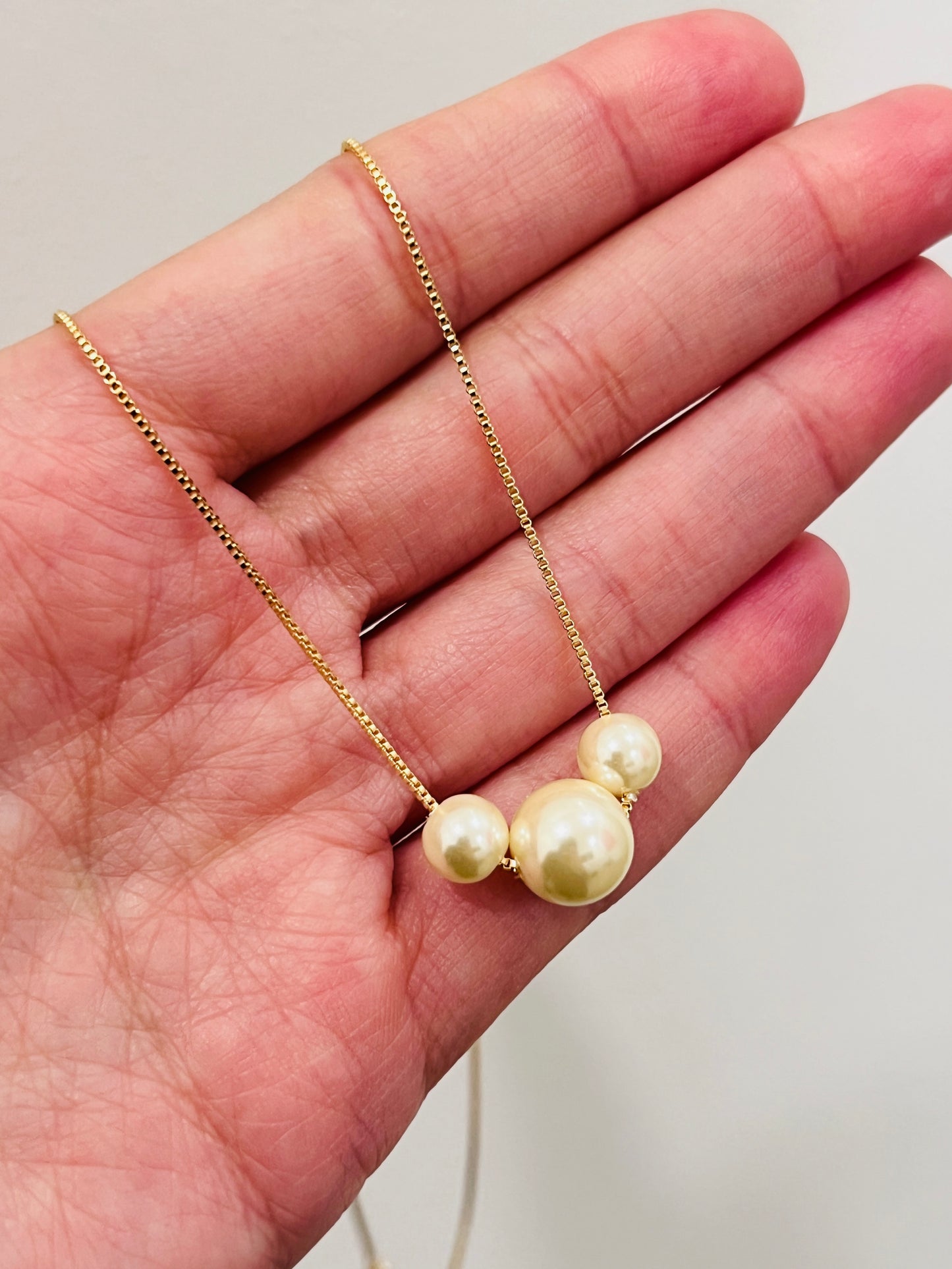 Gold Filled Pearl Box Necklace | Triple Faux Pearl Chain