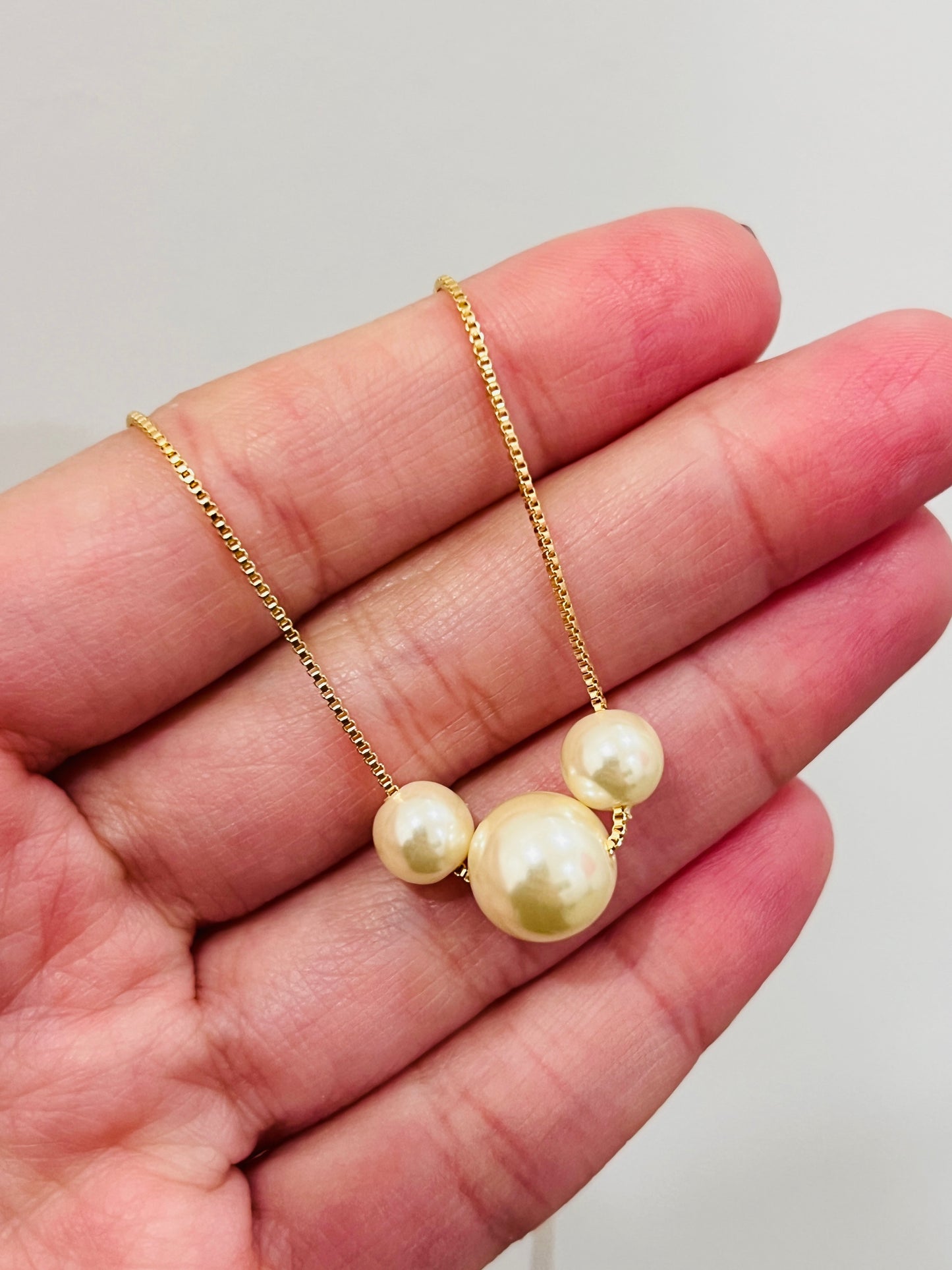 Gold Filled Pearl Box Necklace | Triple Faux Pearl Chain