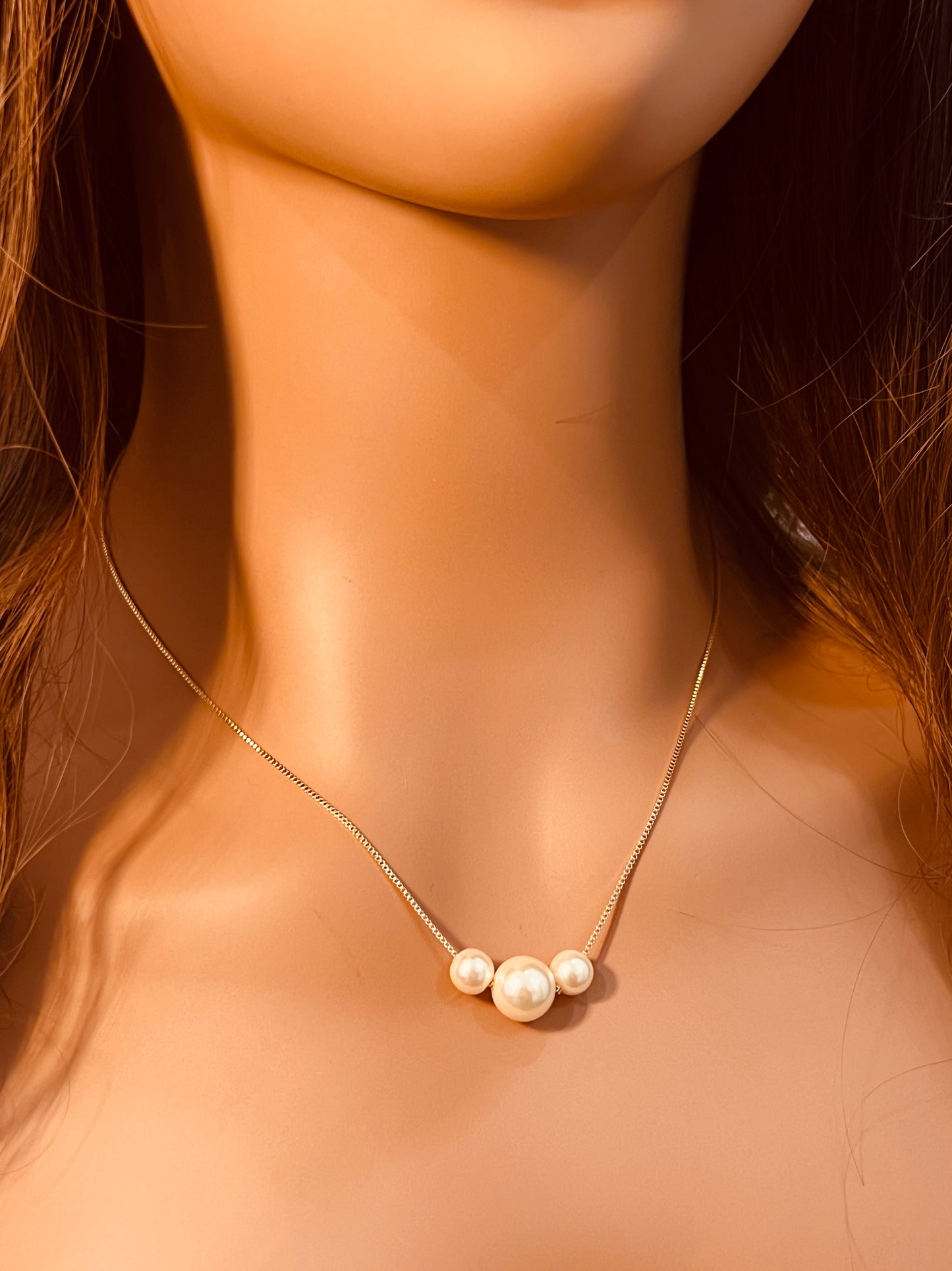 Gold Filled Pearl Box Necklace | Triple Faux Pearl Chain