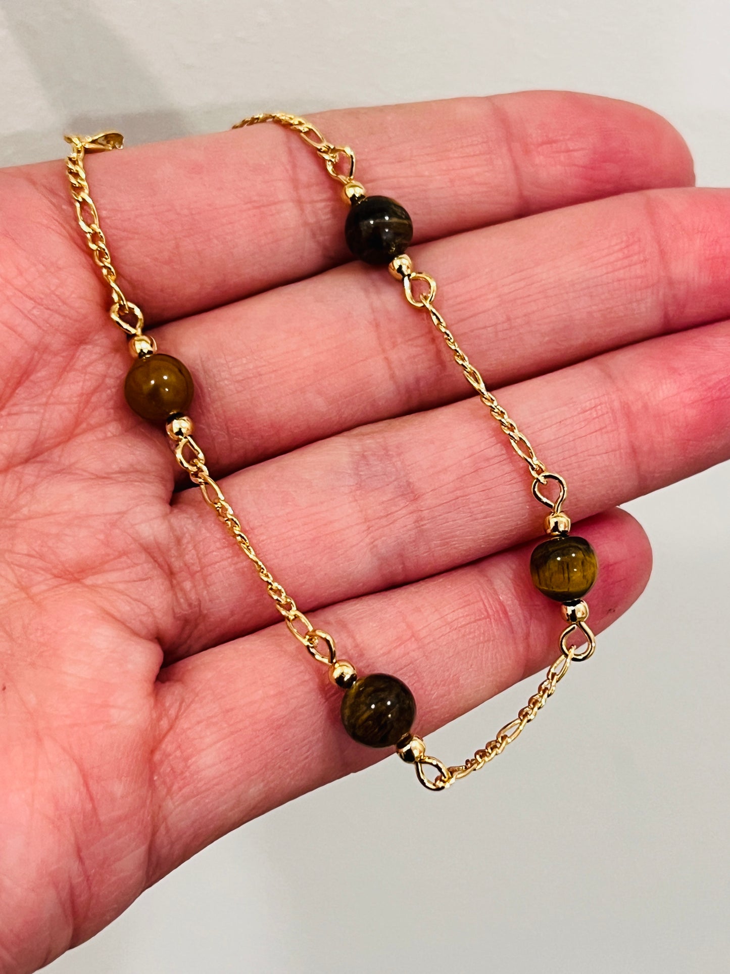 Gold Filled Bracelet | Tiger Eye Beads | Figaro Chain | 7.5"