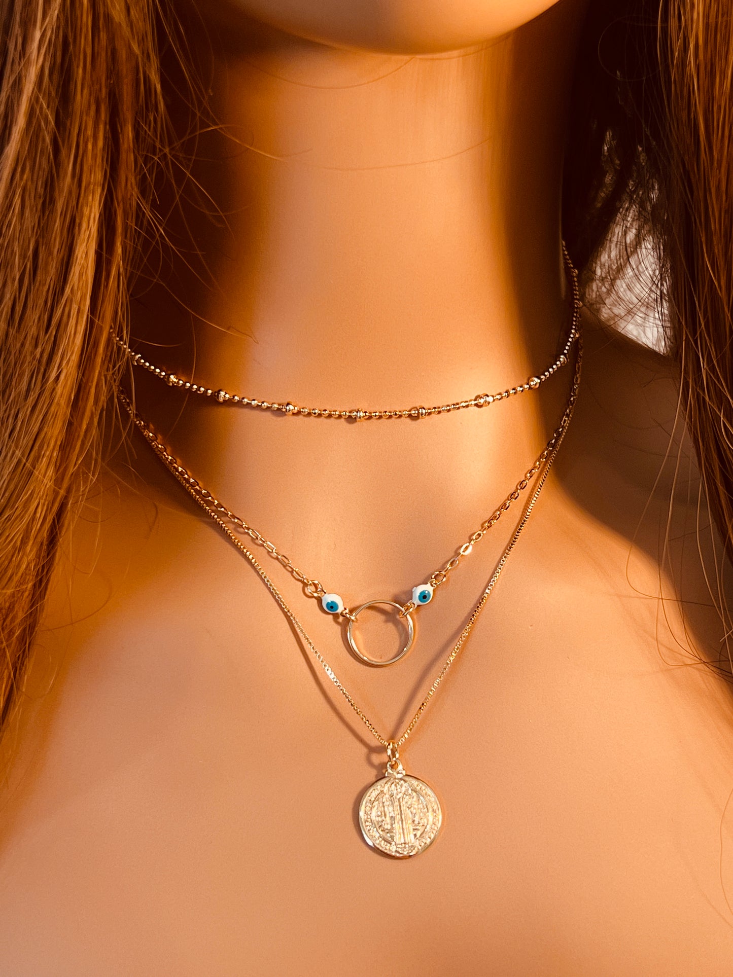 Gold Filled Layered Necklace | Saint Benedict Charm | 15" + 2"