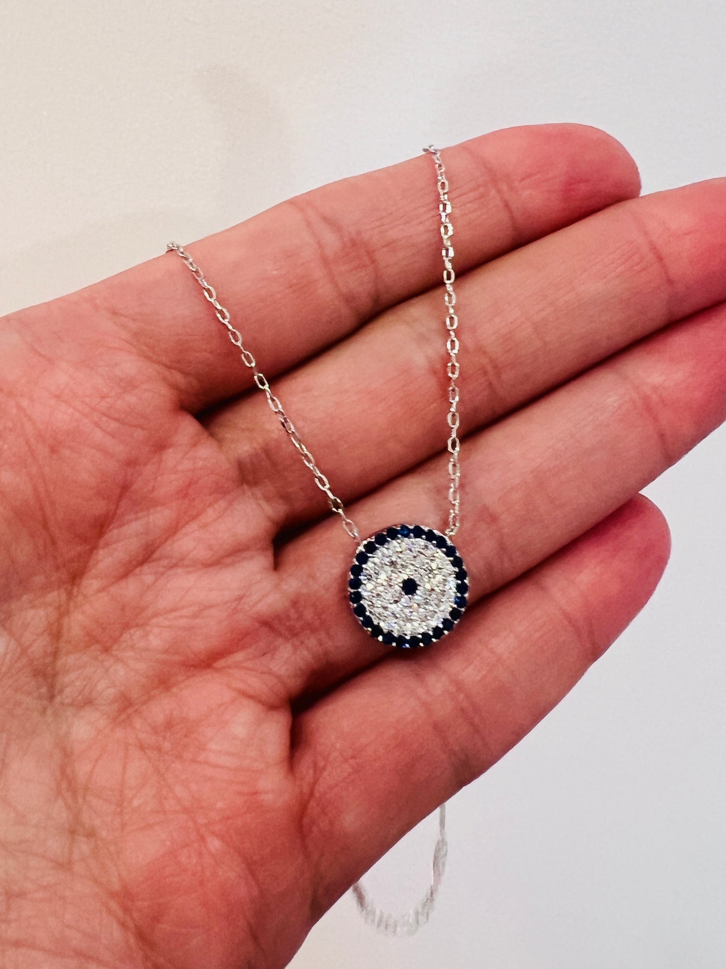 Sterling Silver Evil Eye Charm Necklace | 16" + Extension