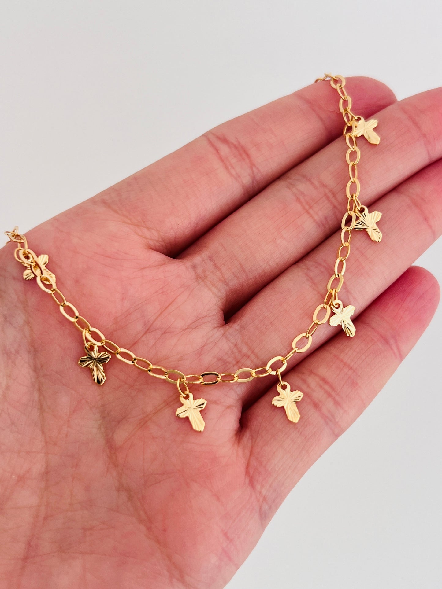 Gold Filled 2mm Cable Bracelet with Dangling Crosses | Dainty Religious Jewelry
