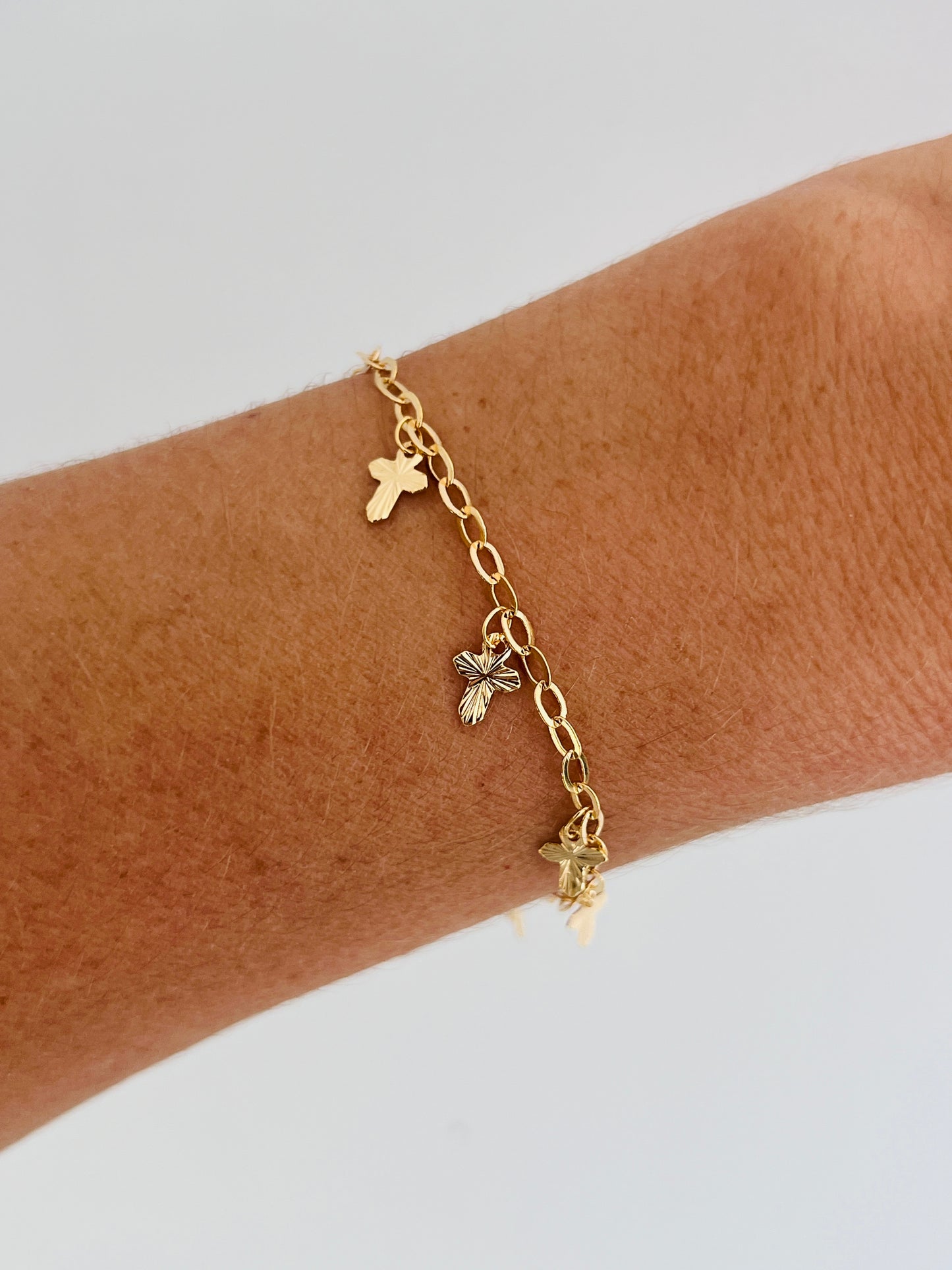 Gold Filled 2mm Cable Bracelet with Dangling Crosses | Dainty Religious Jewelry