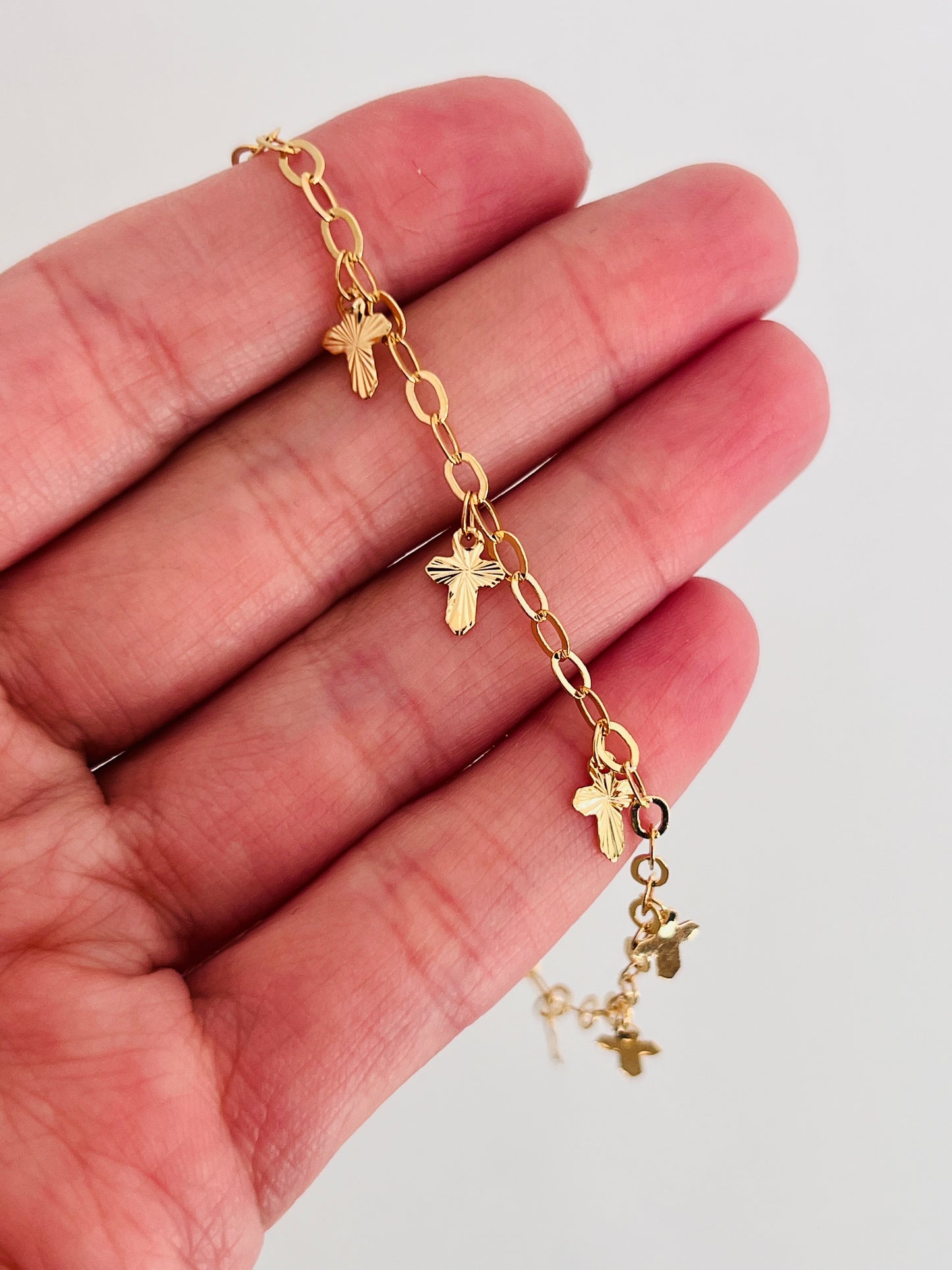 Gold Filled 2mm Cable Bracelet with Dangling Crosses | Dainty Religious Jewelry