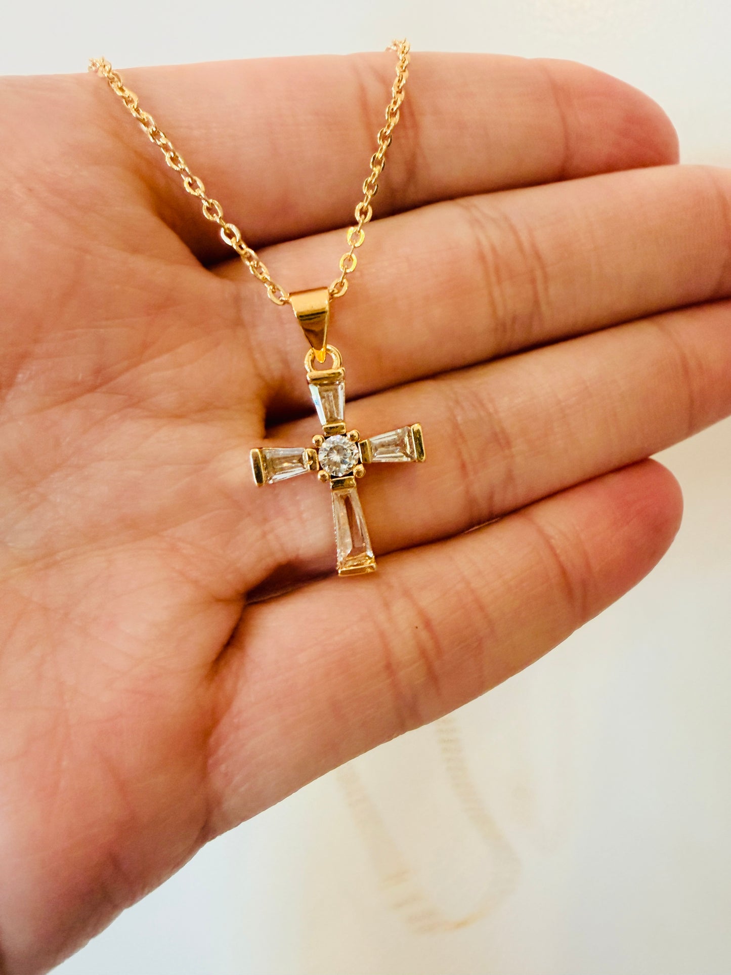 Gold Filled CZ Cross Cross Charm Necklace | Pendant Size 9mm x 20mm + Bail | 16" or 18" Length