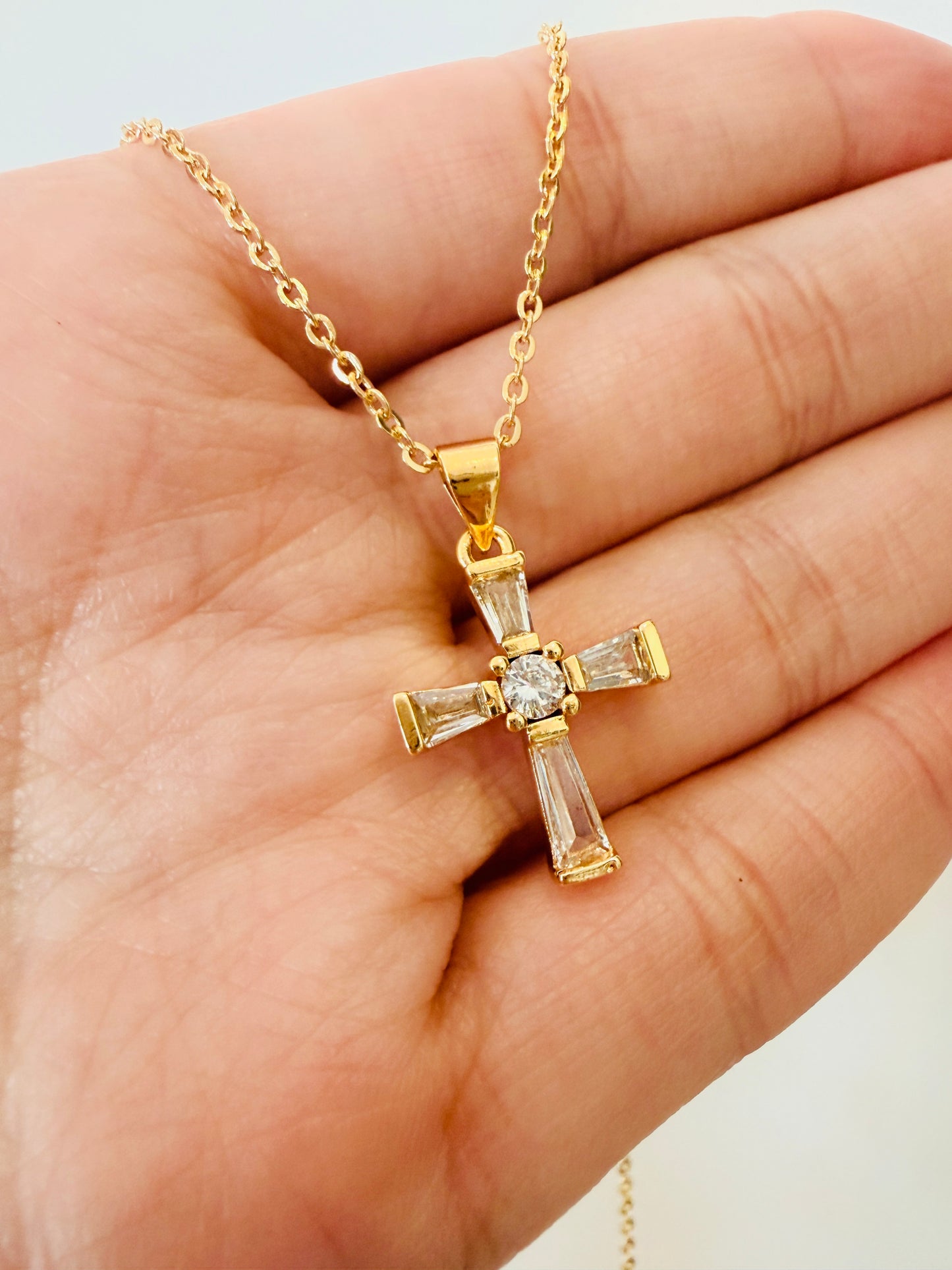 Gold Filled CZ Cross Cross Charm Necklace | Pendant Size 9mm x 20mm + Bail | 16" or 18" Length