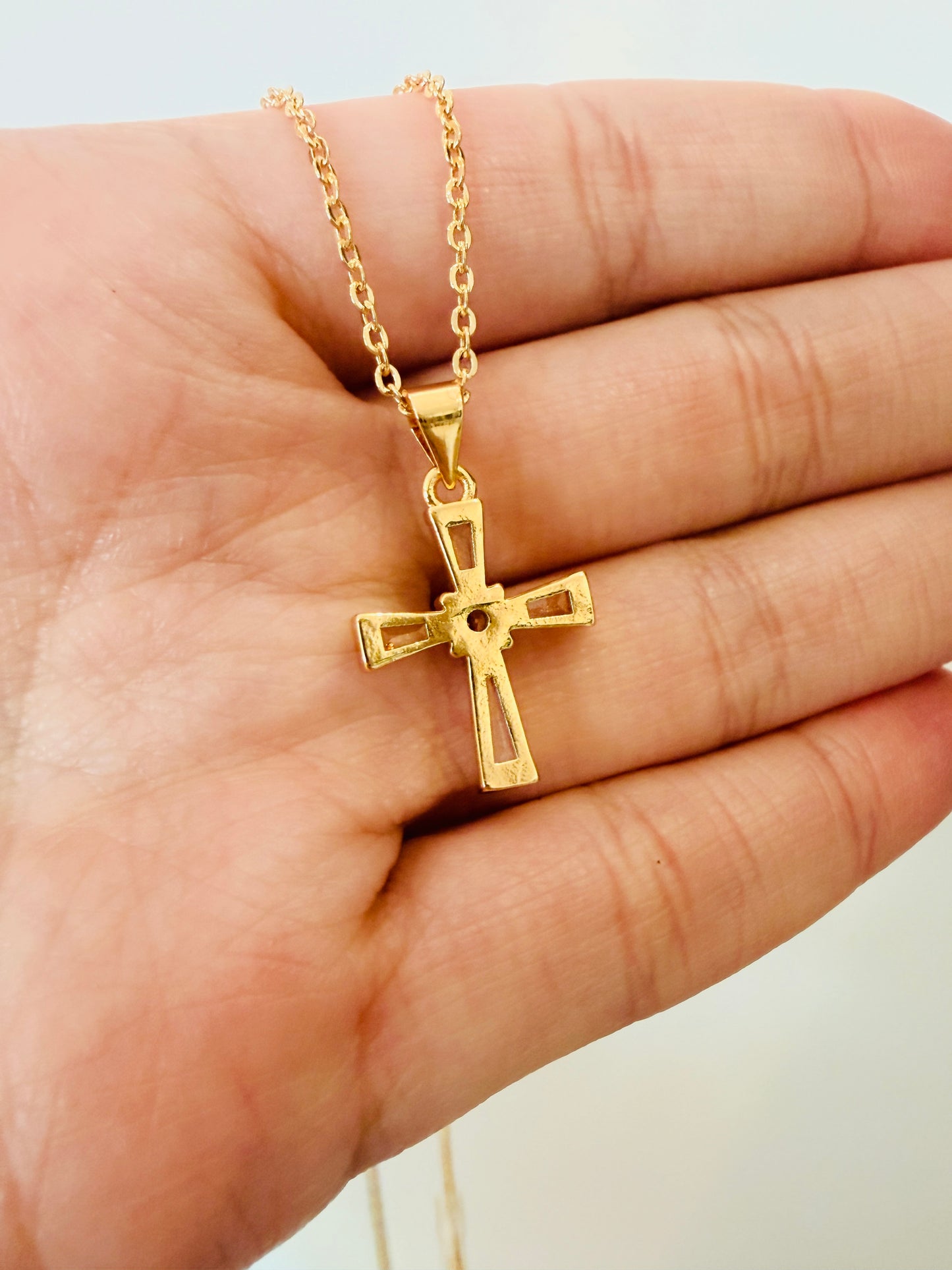 Gold Filled CZ Cross Cross Charm Necklace | Pendant Size 9mm x 20mm + Bail | 16" or 18" Length