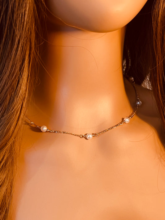 Gold Filled Pearl Figaro Necklace | 6mm Beaded Chain