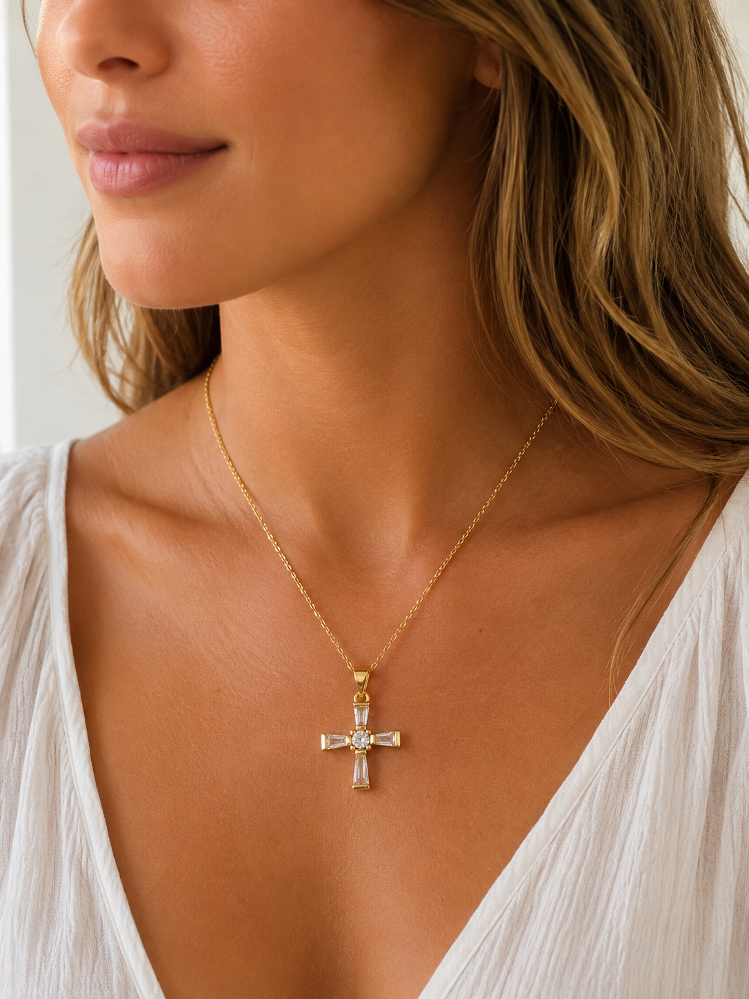 Gold Filled CZ Cross Cross Charm Necklace | Pendant Size 9mm x 20mm + Bail | 16" or 18" Length