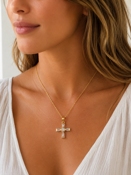 Gold Filled CZ Cross Cross Charm Necklace | Pendant Size 9mm x 20mm + Bail | 16" or 18" Length