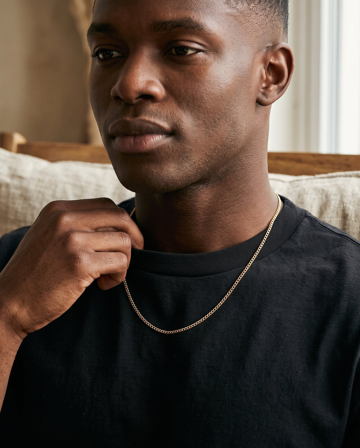 Gold Filled 1.5mm Curb Chain worn by a model