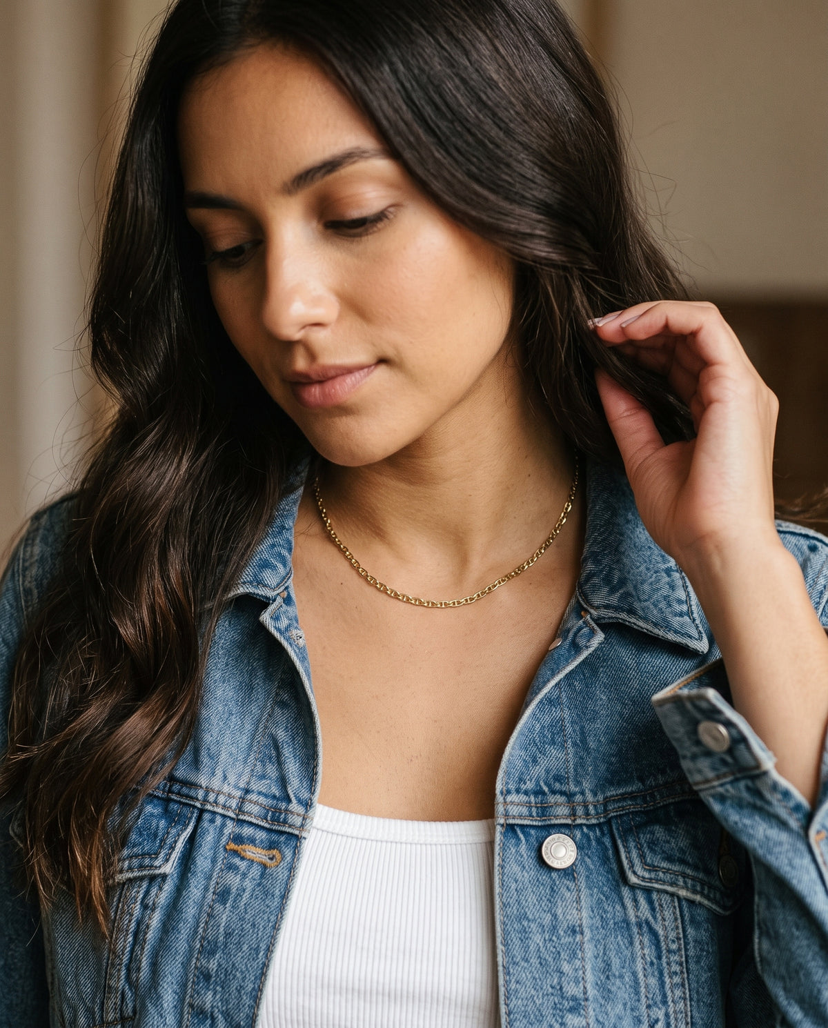 Gold Filled Mariner Chain Necklace worn by a model