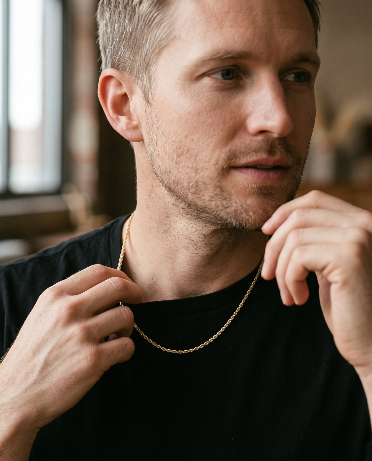 Gold Filled 1.5mm Rope Chain worn by a model