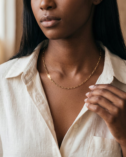 Gold Filled 1.8mm Paperclip Necklace worn by a model