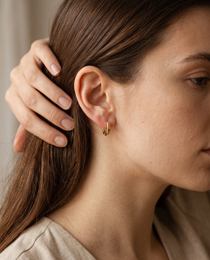 Gold Filled 10mm Hoops worn by a model