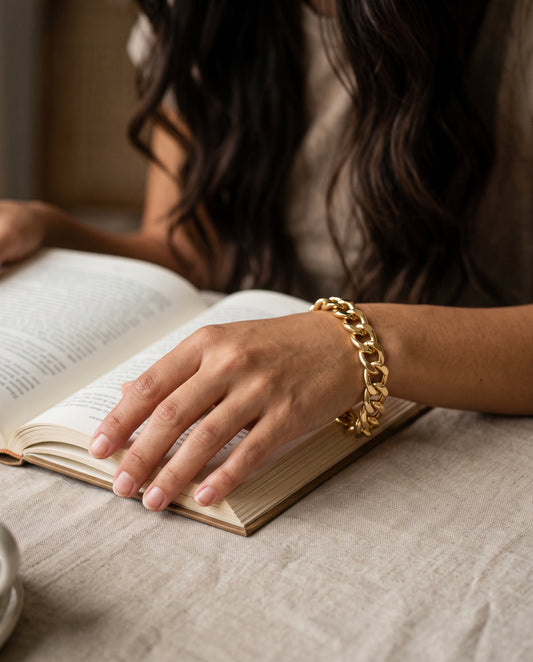 Gold Filled 11mm Curb Bracelet worn by a model