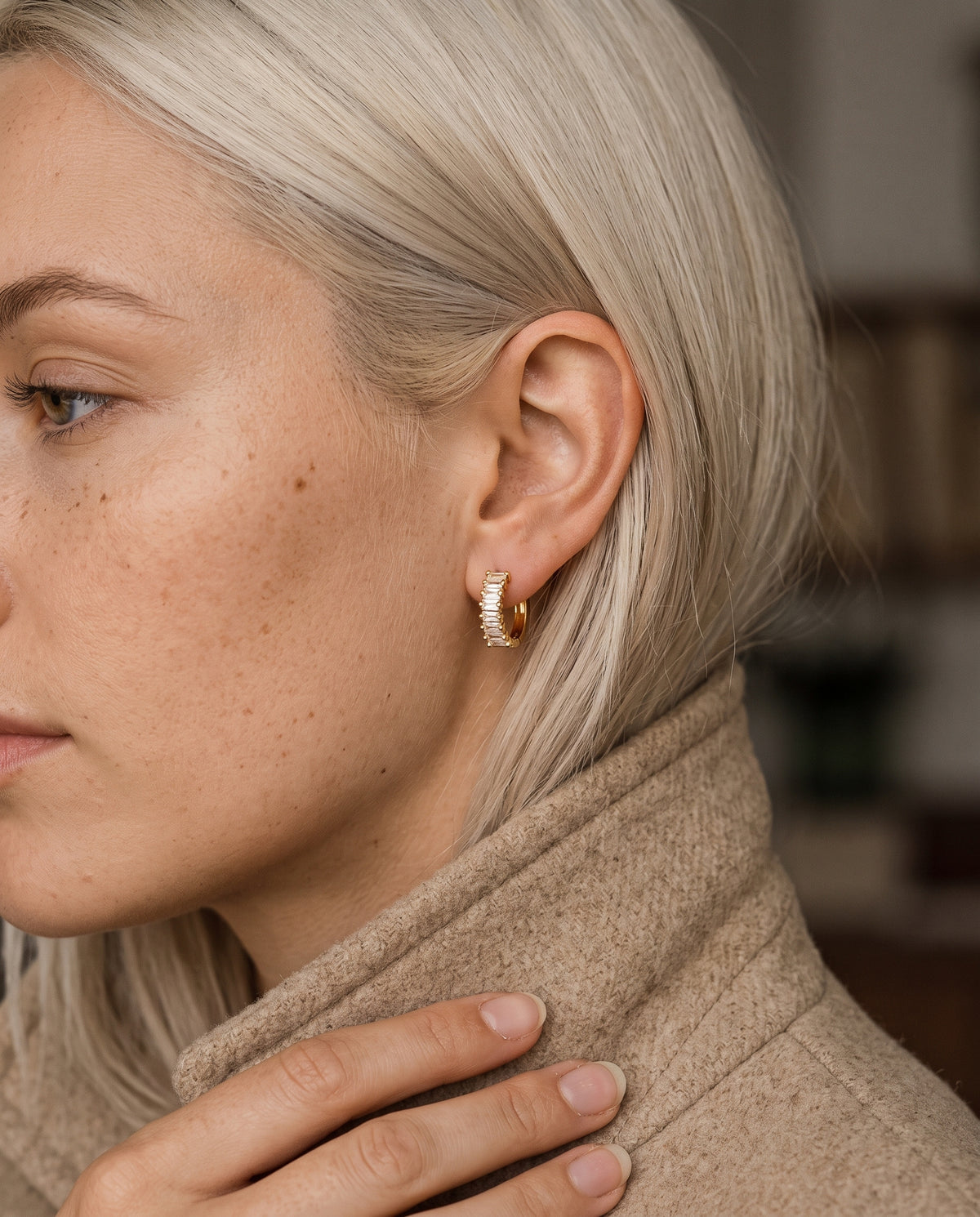 Gold Filled 11mm CZ Hoops worn by a model
