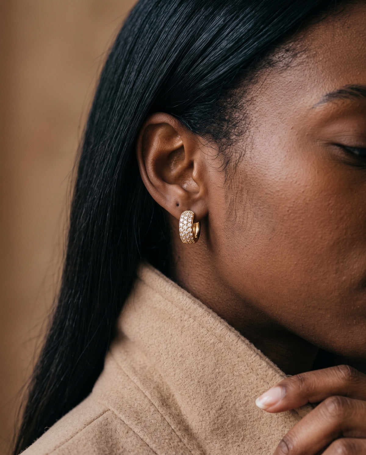 Gold Filled 11mm Mini Micro Pave CZ Hoops worn by a model