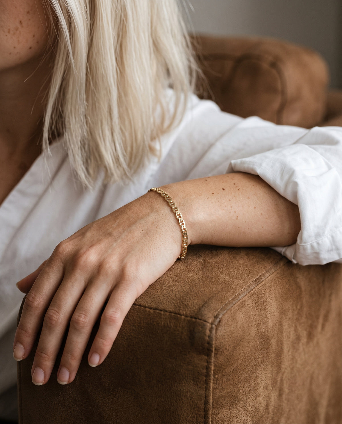 Gold Filled 2.5mm Mariner Link Bracelet worn by a model