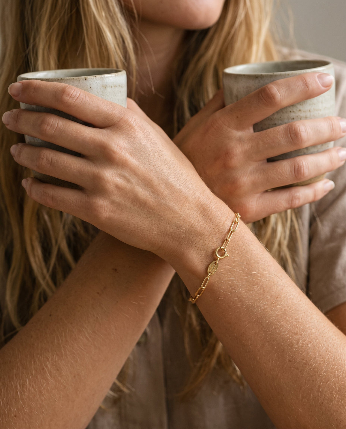 Gold Filled 2.5mm Paperclip Bracelet worn by a model