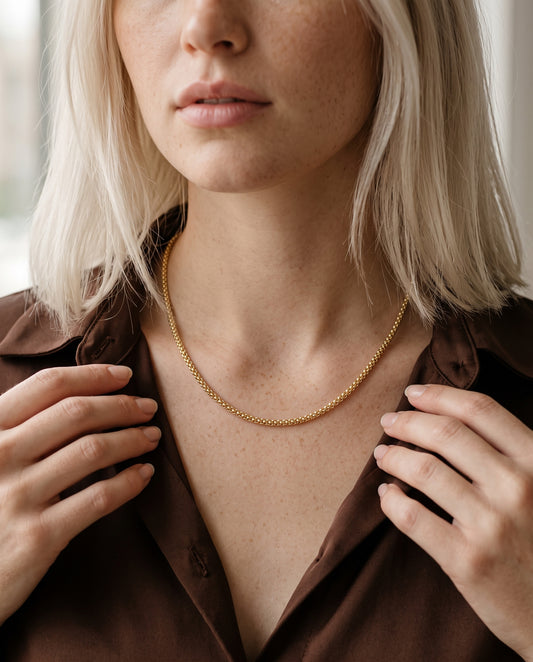 Gold Filled 2.5mm Woven Mesh Necklace worn by a model