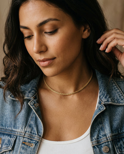 Gold Filled 2.5mm Woven Necklace worn by a model