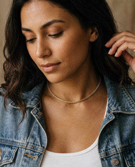 Gold Filled 2.5mm Woven Necklace worn by a model