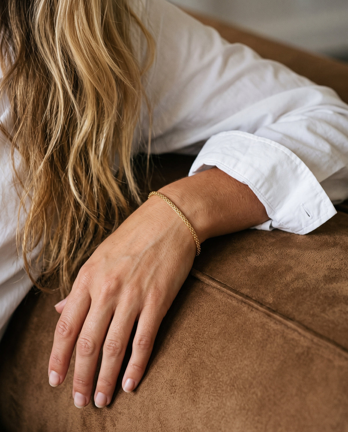 Gold Filled 2mm Mesh Bracelet worn by a model