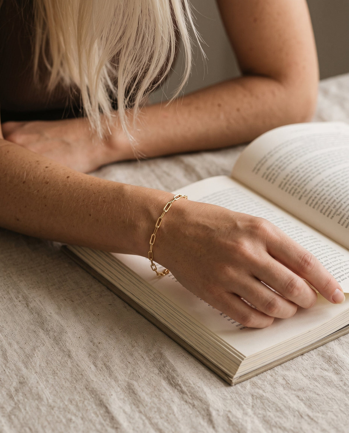 Gold Filled 2mm Paperclip Bracelet worn by a model