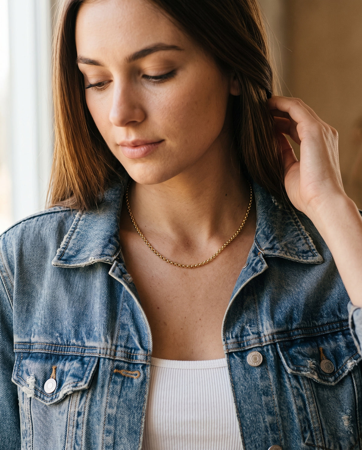 Gold Filled 2mm Rolo Necklace worn by a model