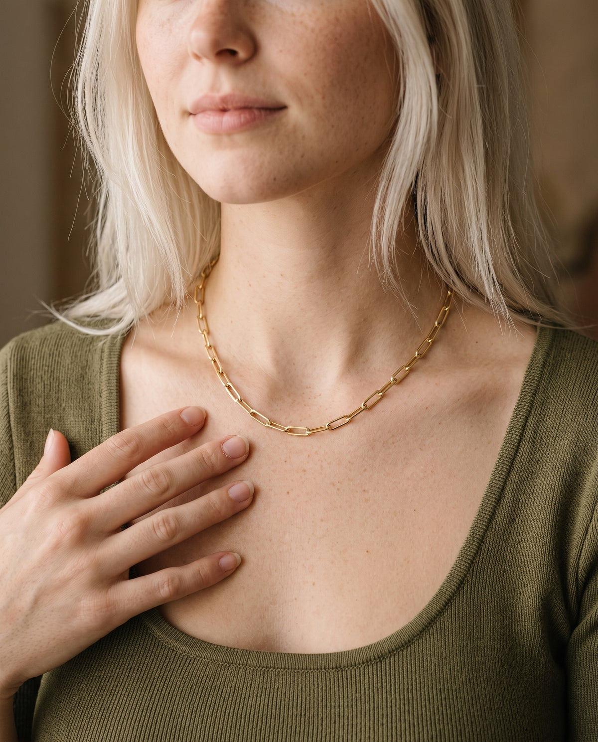 Gold Filled 3.5mm Paperclip Necklace worn by a model