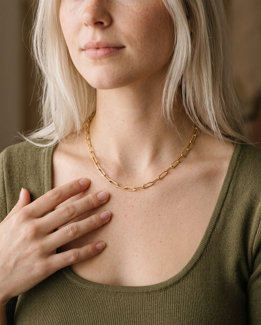 Gold Filled 3.5mm Paperclip Necklace worn by a model