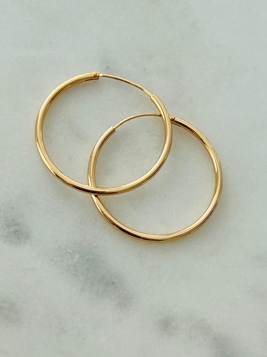 18KT Gold Filled Earrings, Gold Filled 32mm Hoop Earrings | Sleek Everyday Classic by HAUS OF MONOGRAM