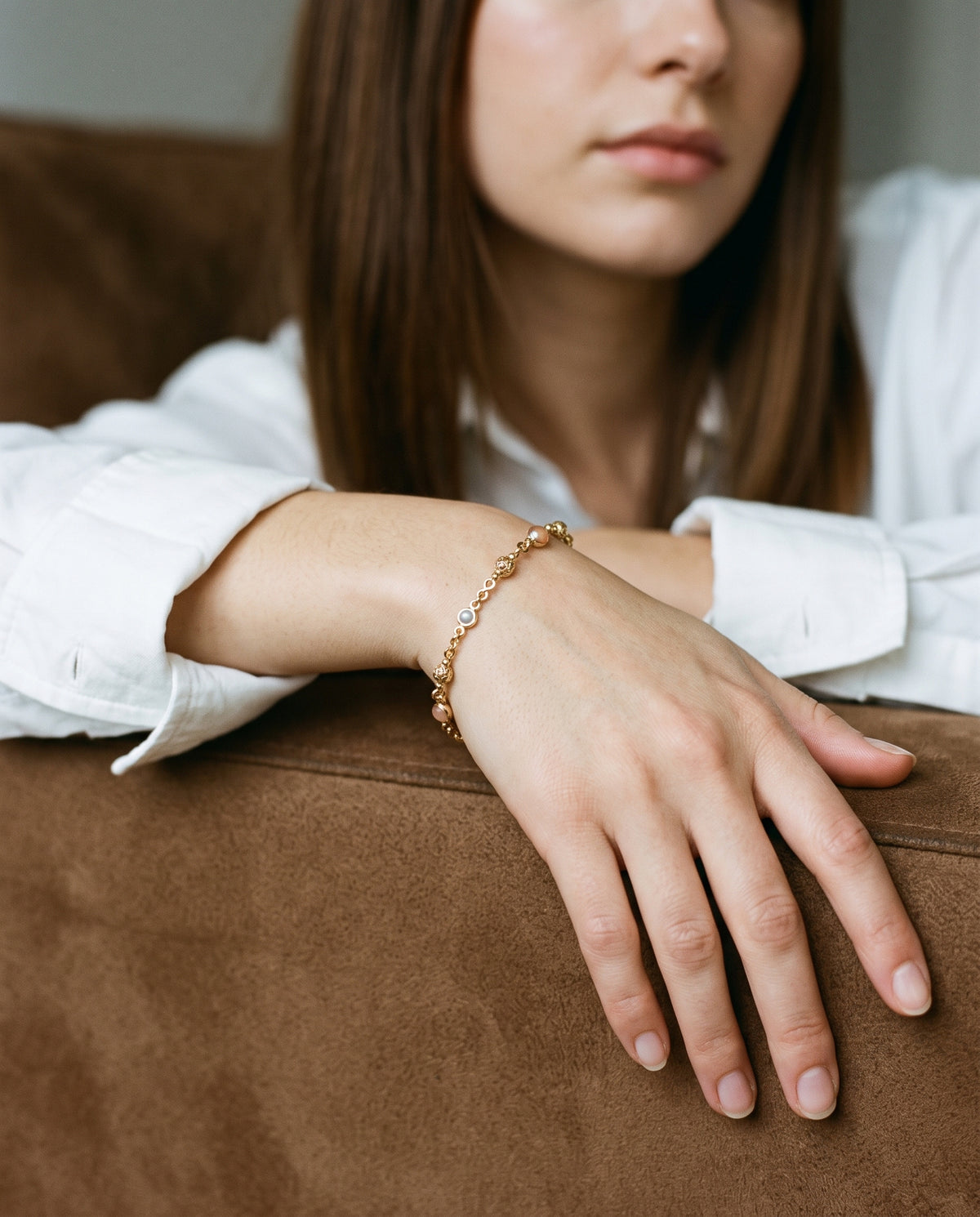 Gold Filled 3mm Beaded Bracelet worn by a model