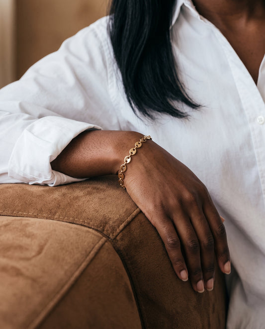 Gold Filled 3mm Disc Bracelet worn by a model