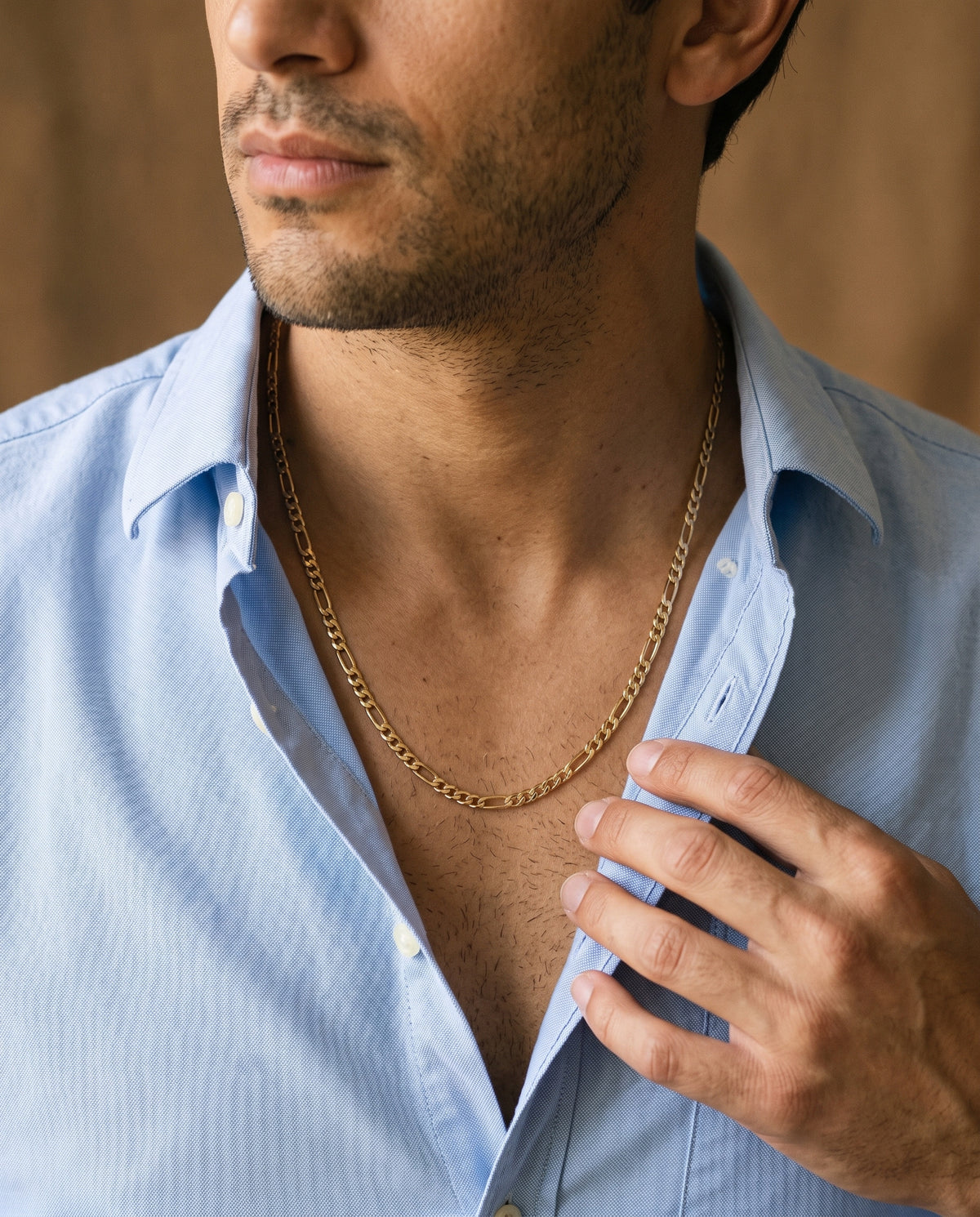 Gold Filled 3mm Figaro Chain worn by a model
